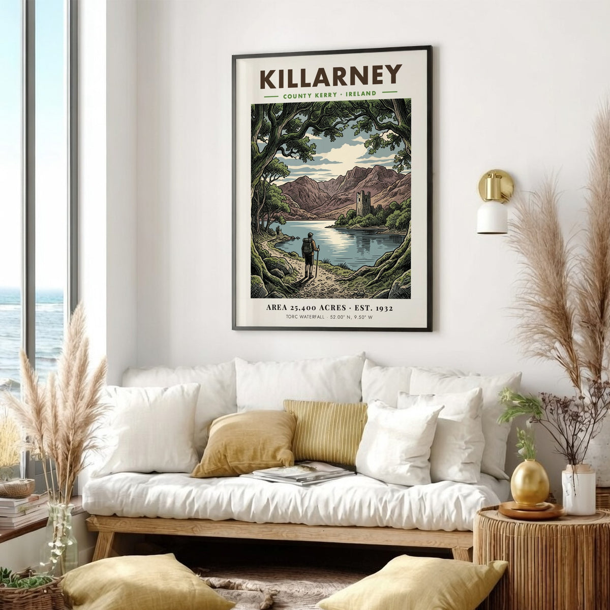 Killarney National Park poster featuring a hiker overlooking a lake and stone tower.