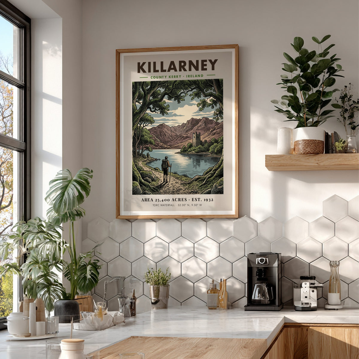 Killarney National Park poster featuring a hiker overlooking a lake and stone tower.