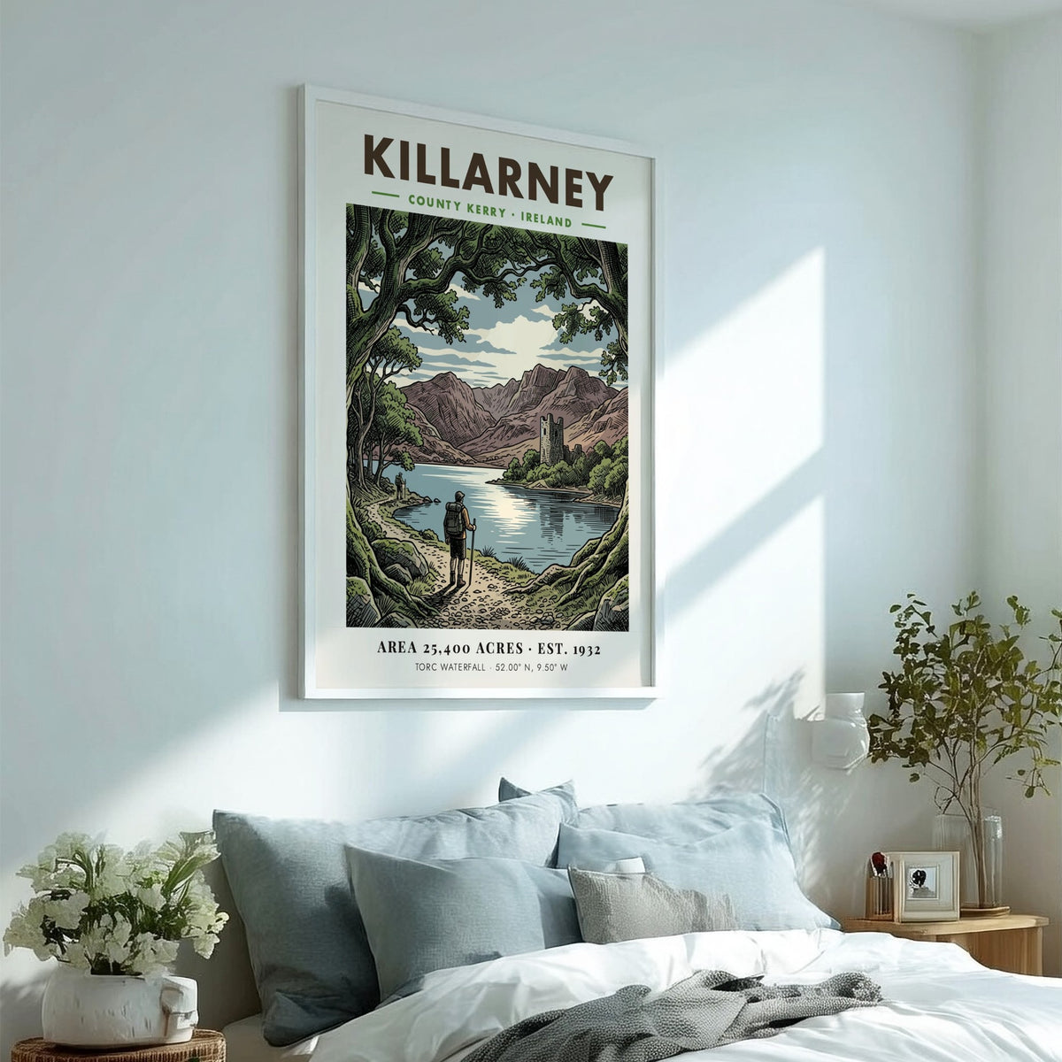 Killarney National Park poster featuring a hiker overlooking a lake and stone tower.