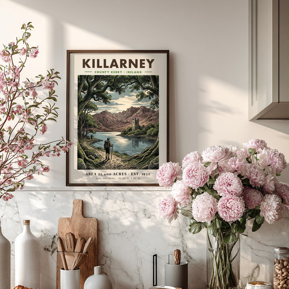 Killarney National Park poster featuring a hiker overlooking a lake and stone tower.