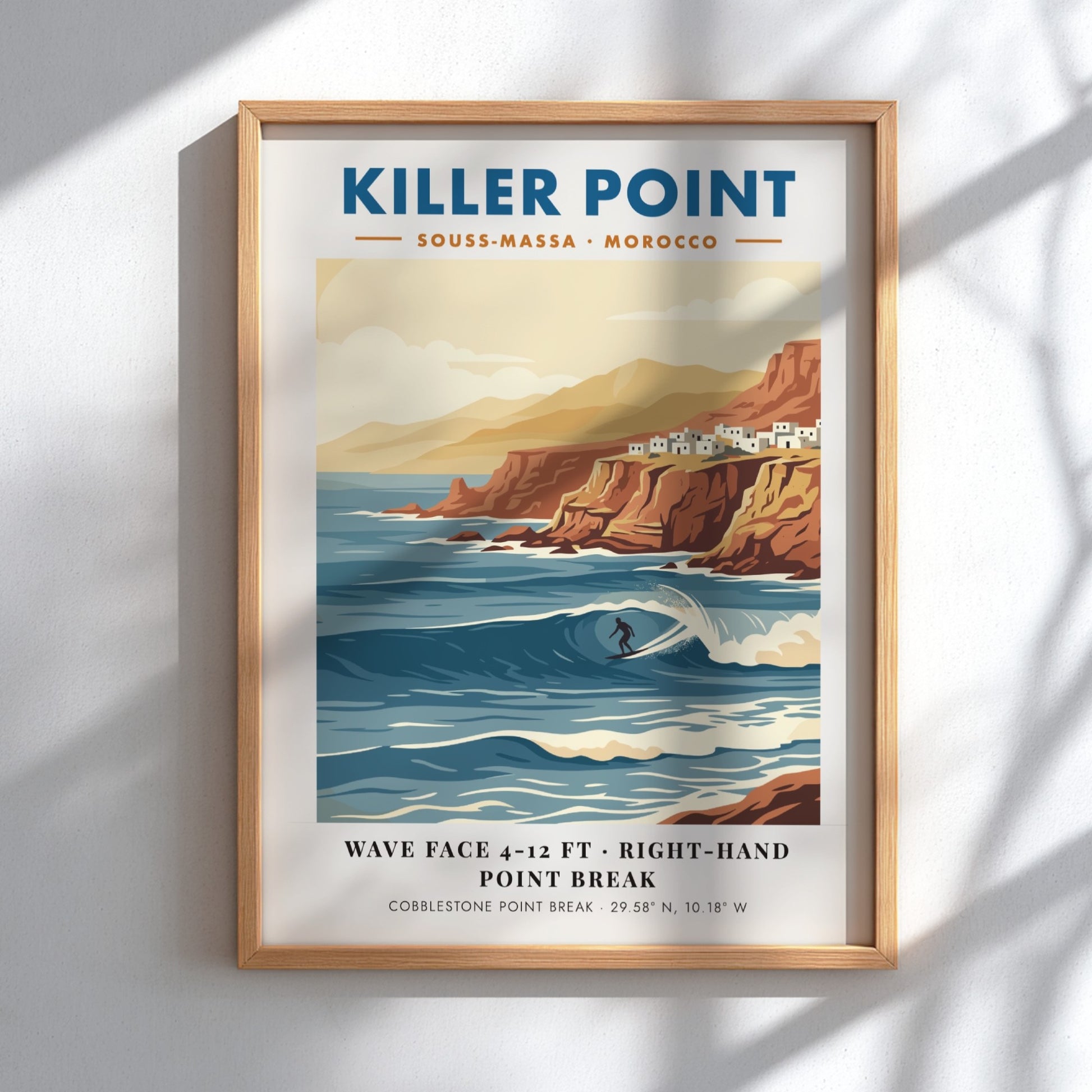 Vintage travel poster of Killer Point Morocco showing a surfer on a wave