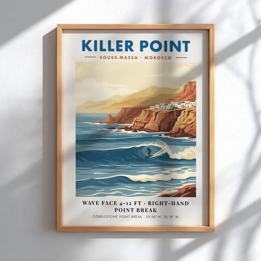 Vintage travel poster of Killer Point Morocco showing a surfer on a wave