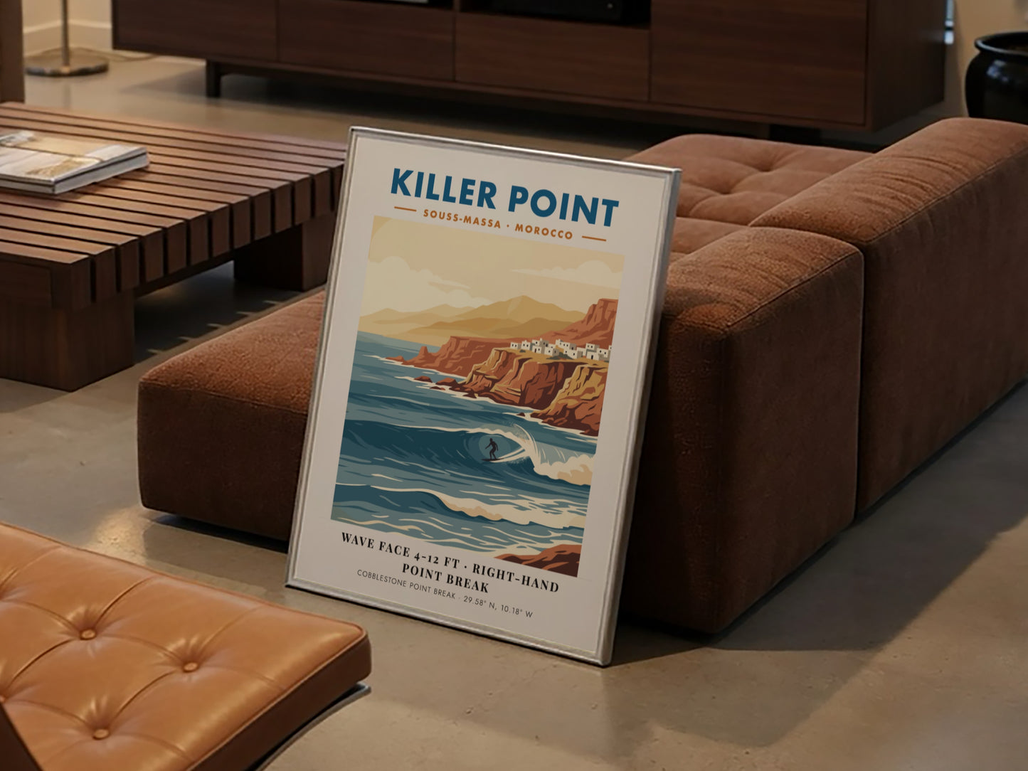 Vintage travel poster of Killer Point Morocco showing a surfer on a wave