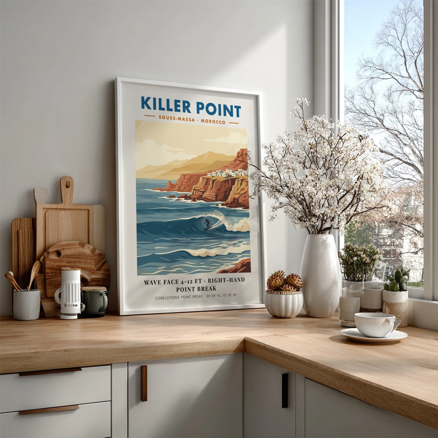 Vintage travel poster of Killer Point Morocco showing a surfer on a wave