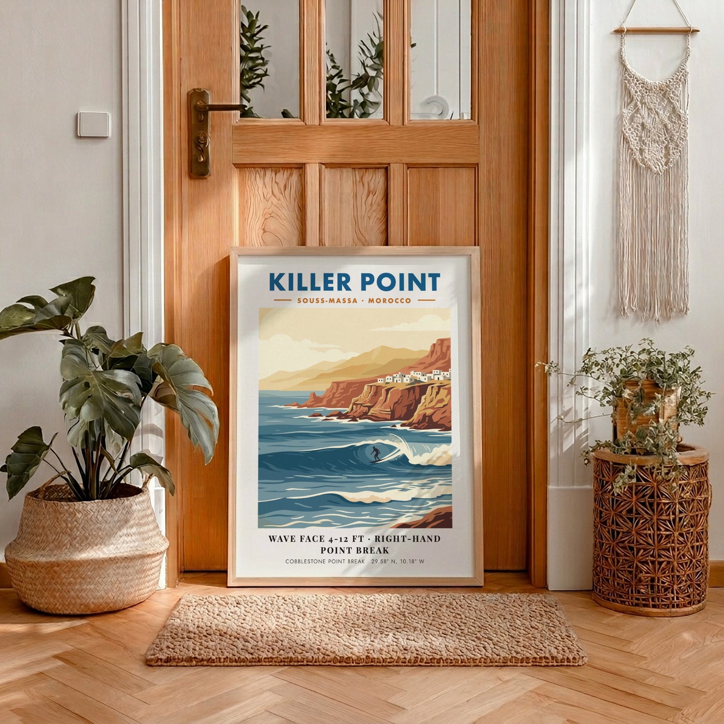 Vintage travel poster of Killer Point Morocco showing a surfer on a wave