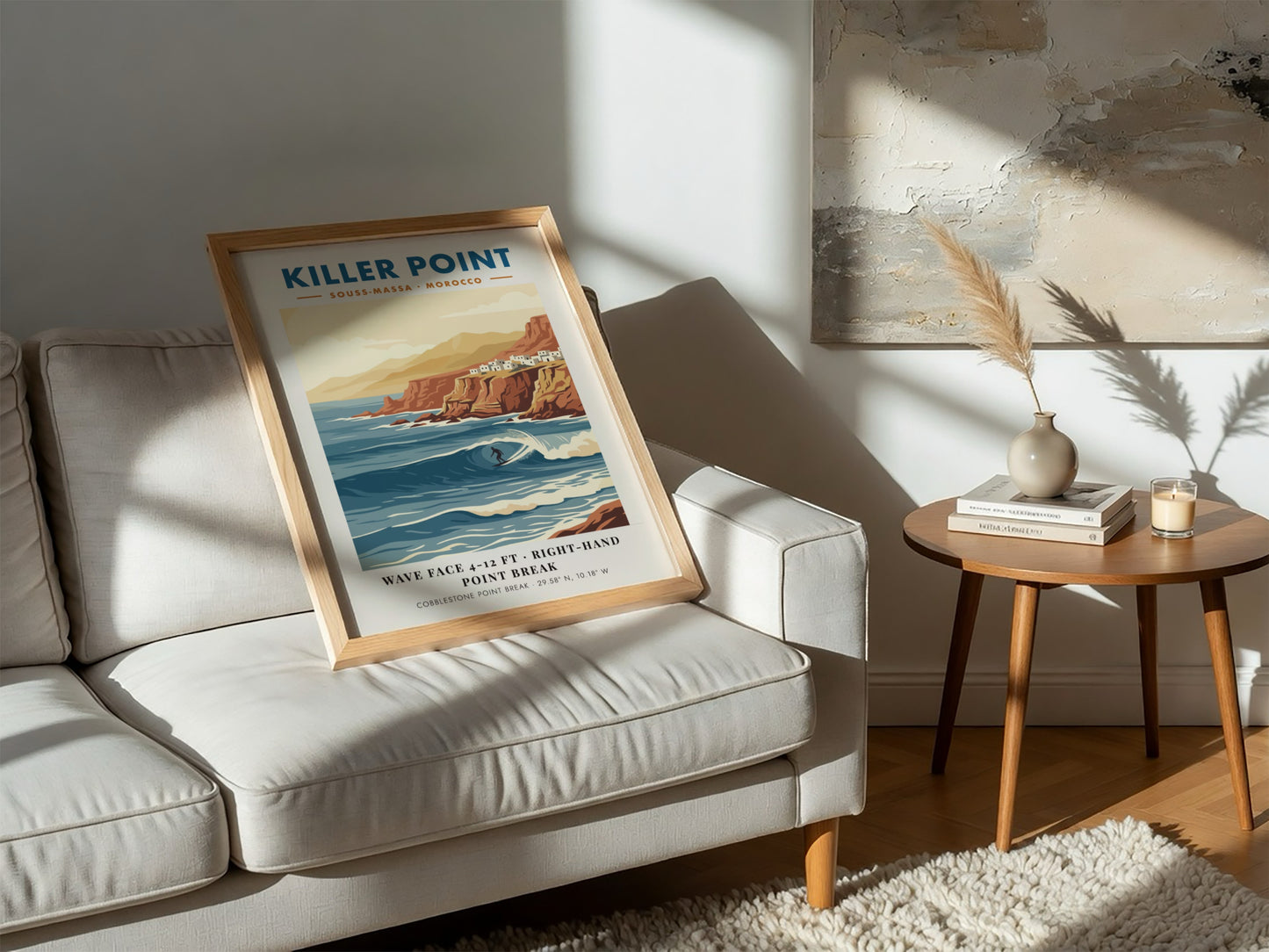 Vintage travel poster of Killer Point Morocco showing a surfer on a wave