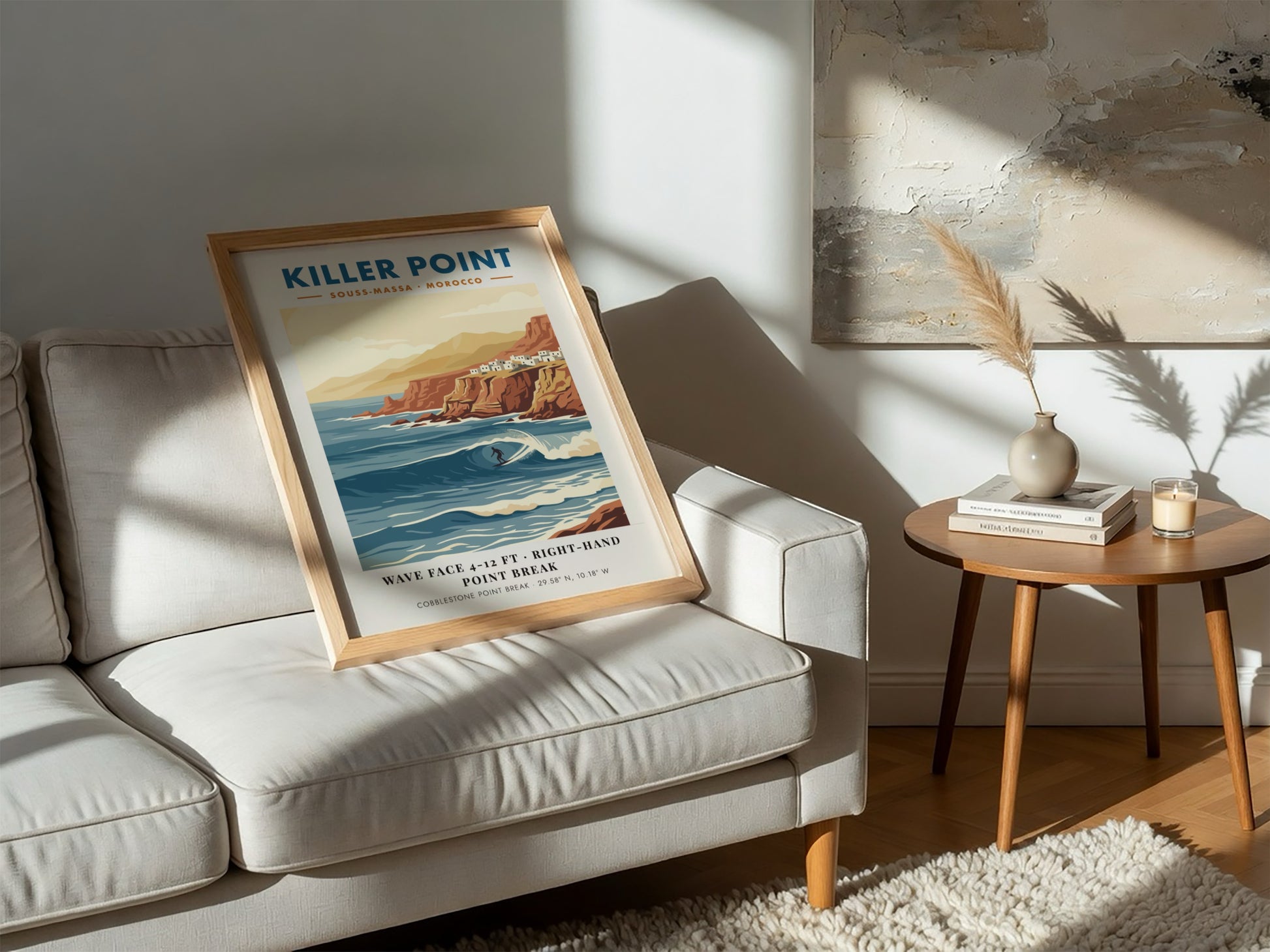 Vintage travel poster of Killer Point Morocco showing a surfer on a wave