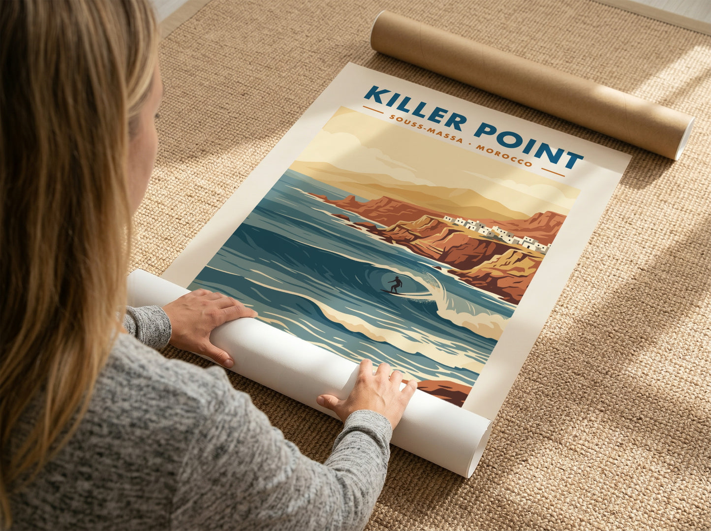 Vintage travel poster of Killer Point Morocco showing a surfer on a wave