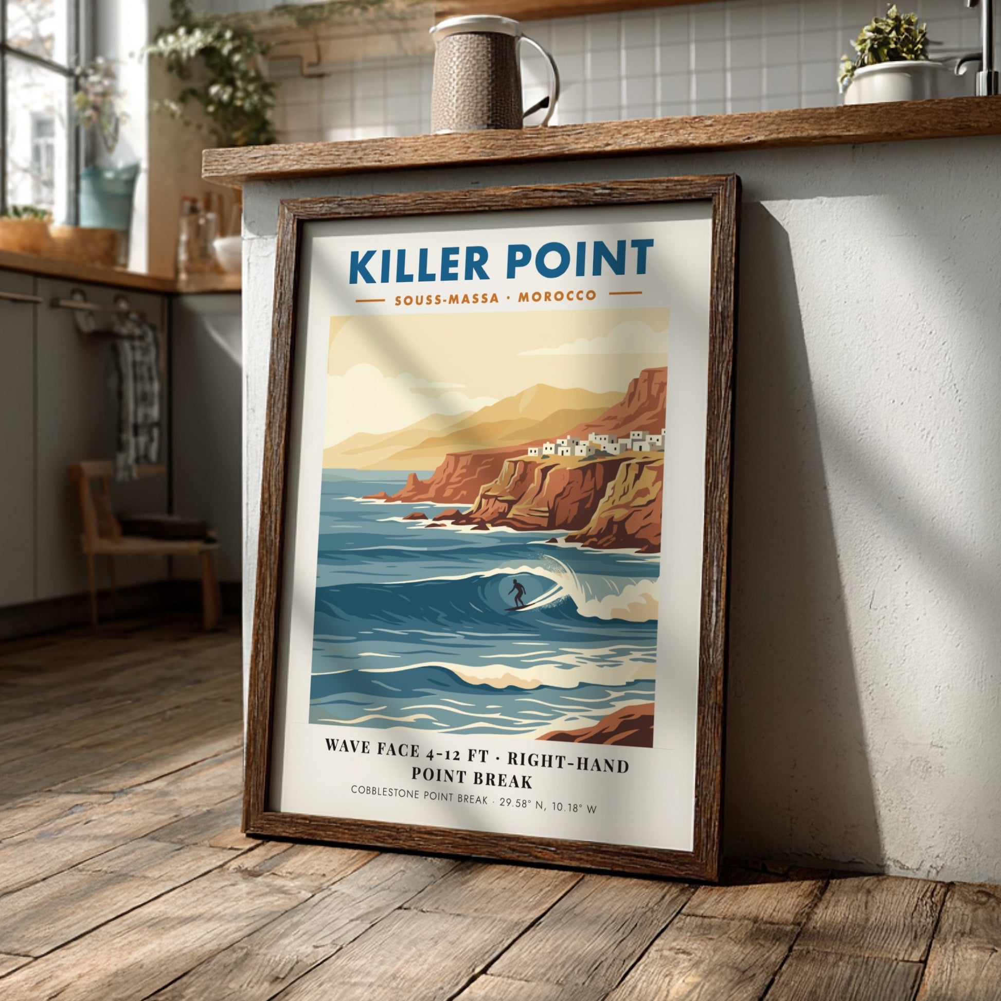 Vintage travel poster of Killer Point Morocco showing a surfer on a wave