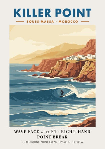 Vintage travel poster of Killer Point Morocco showing a surfer on a wave
