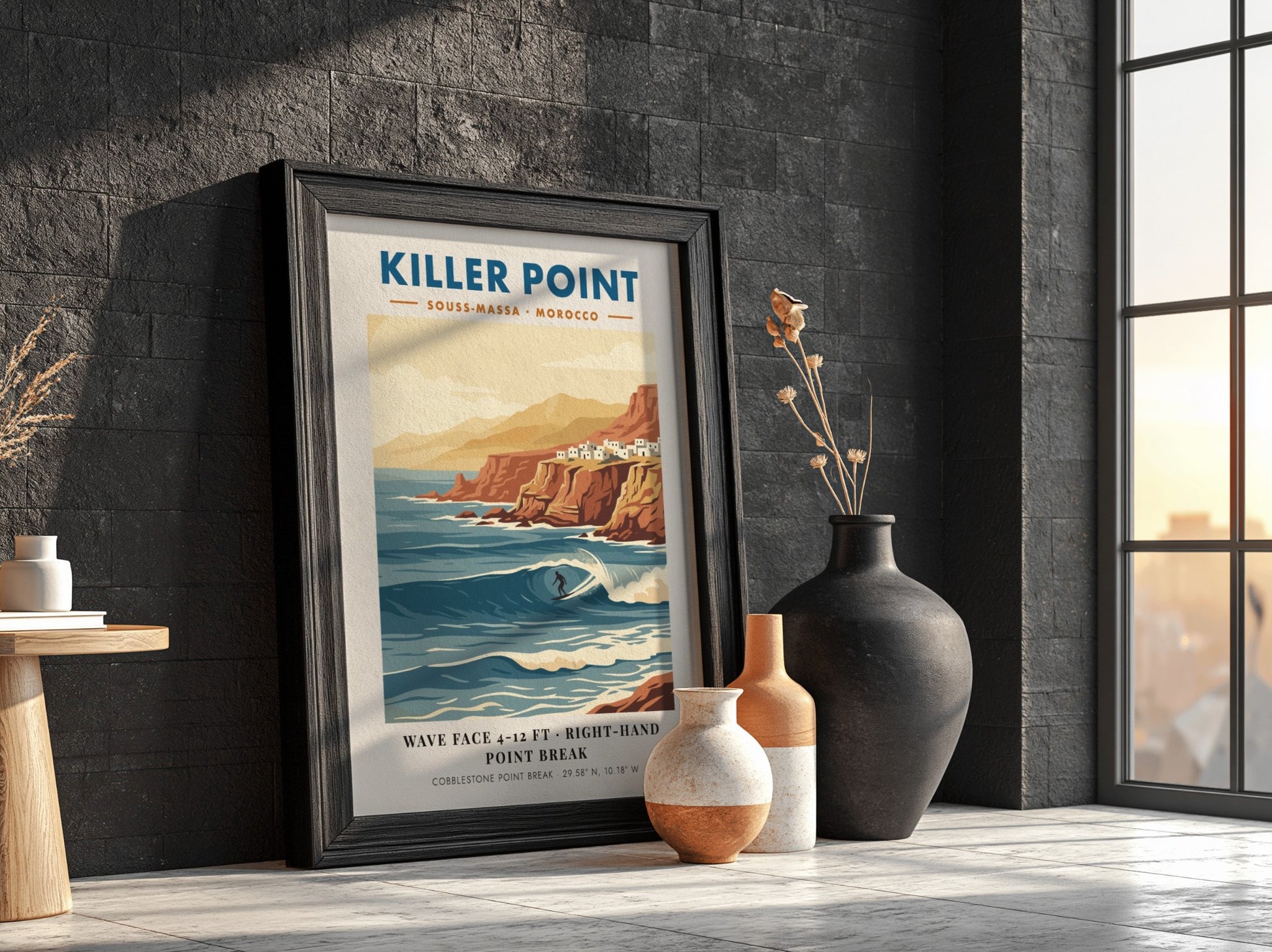Vintage travel poster of Killer Point Morocco showing a surfer on a wave