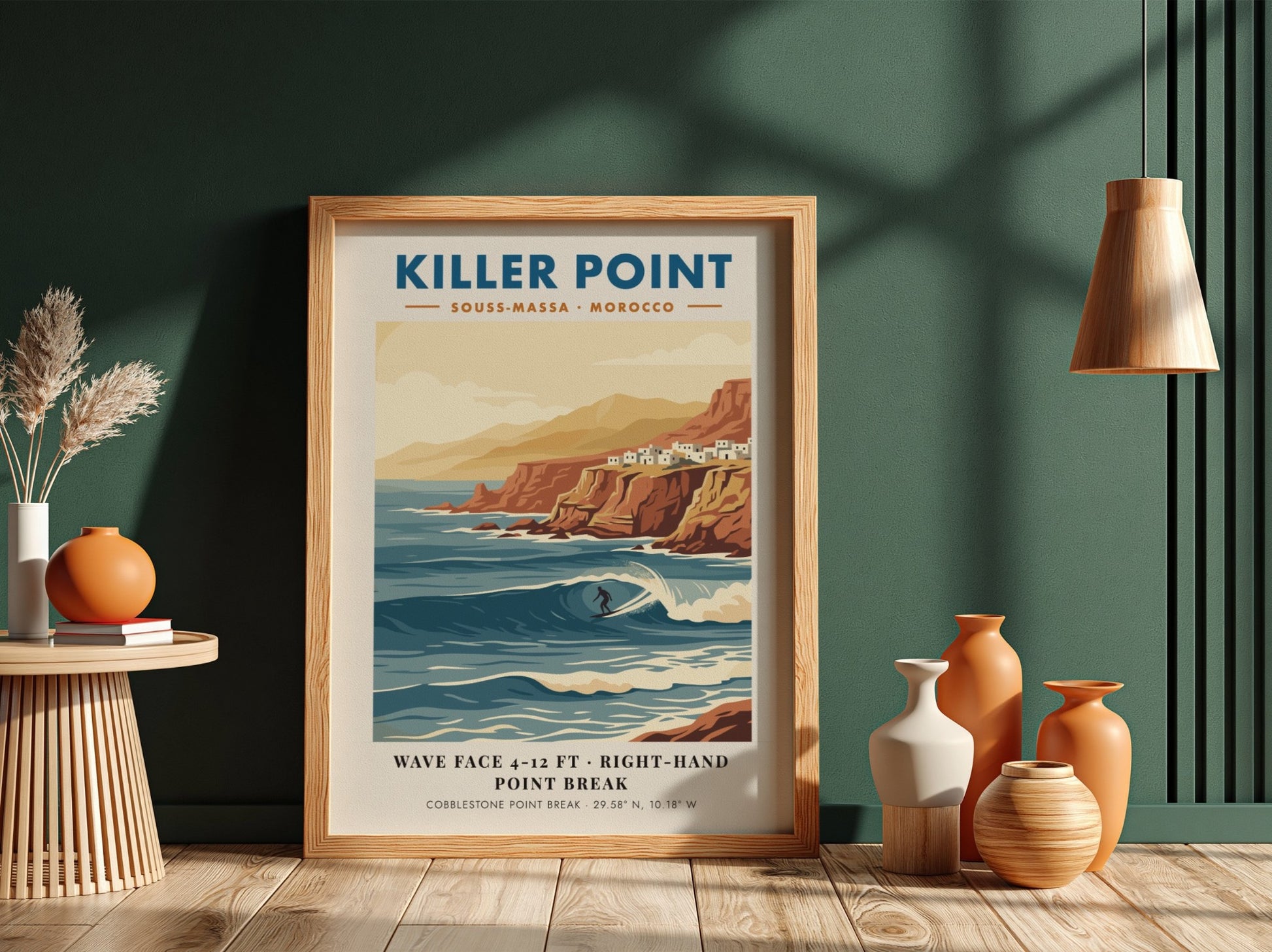 Vintage travel poster of Killer Point Morocco showing a surfer on a wave