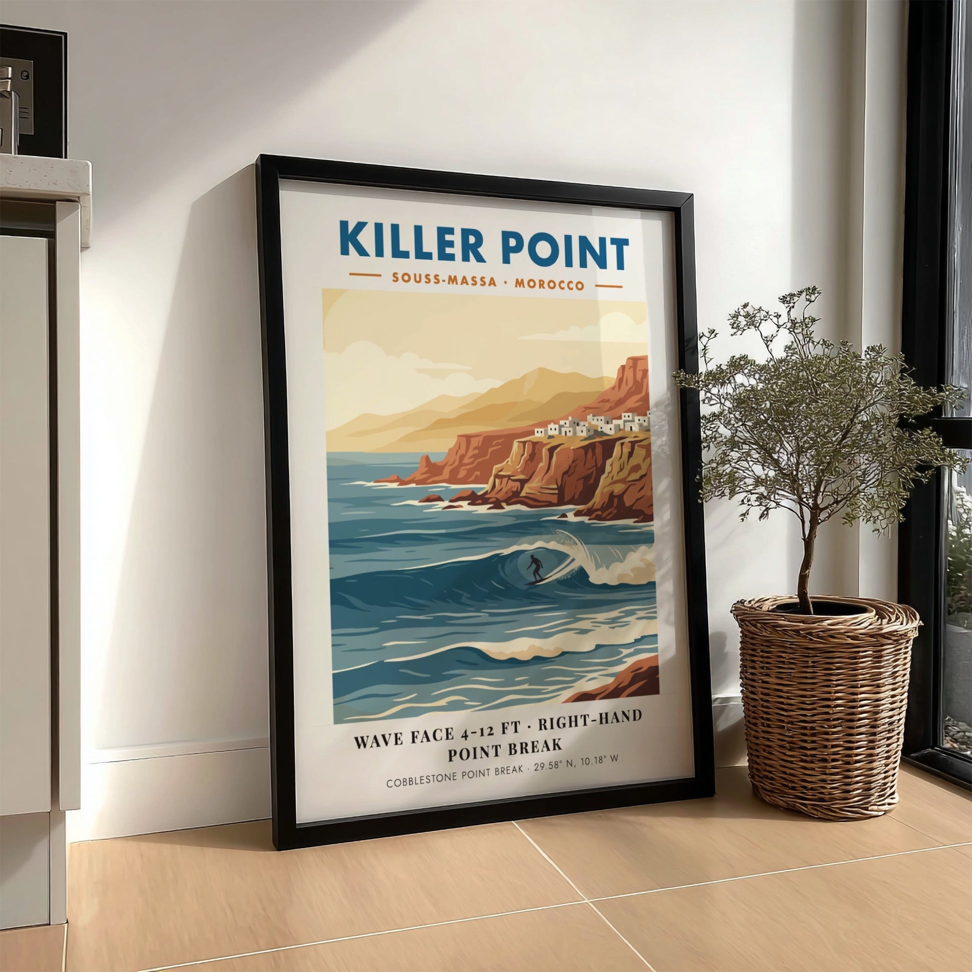 Vintage travel poster of Killer Point Morocco showing a surfer on a wave