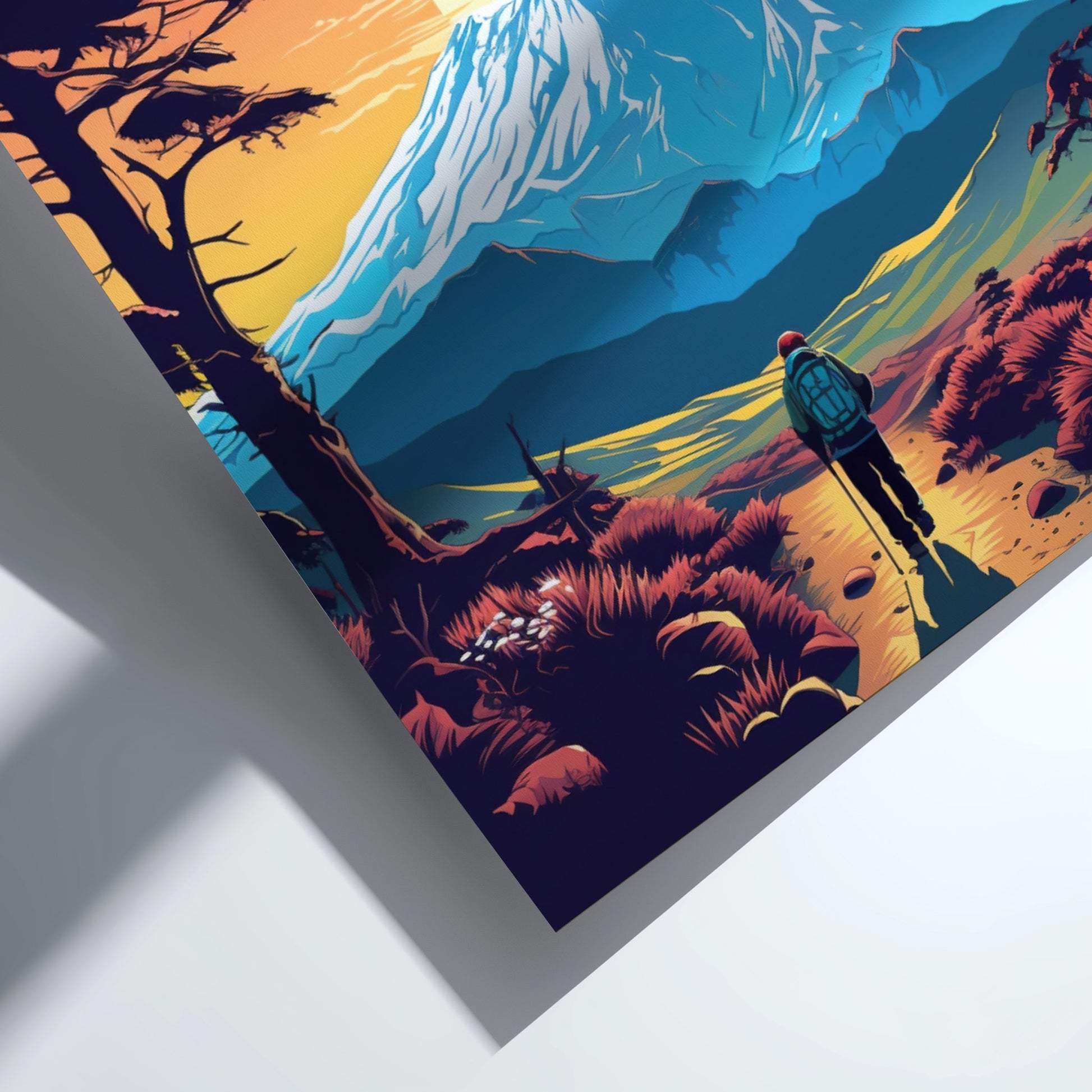 Illustration of a person hiking in a mountainous landscape with a colorful sky.