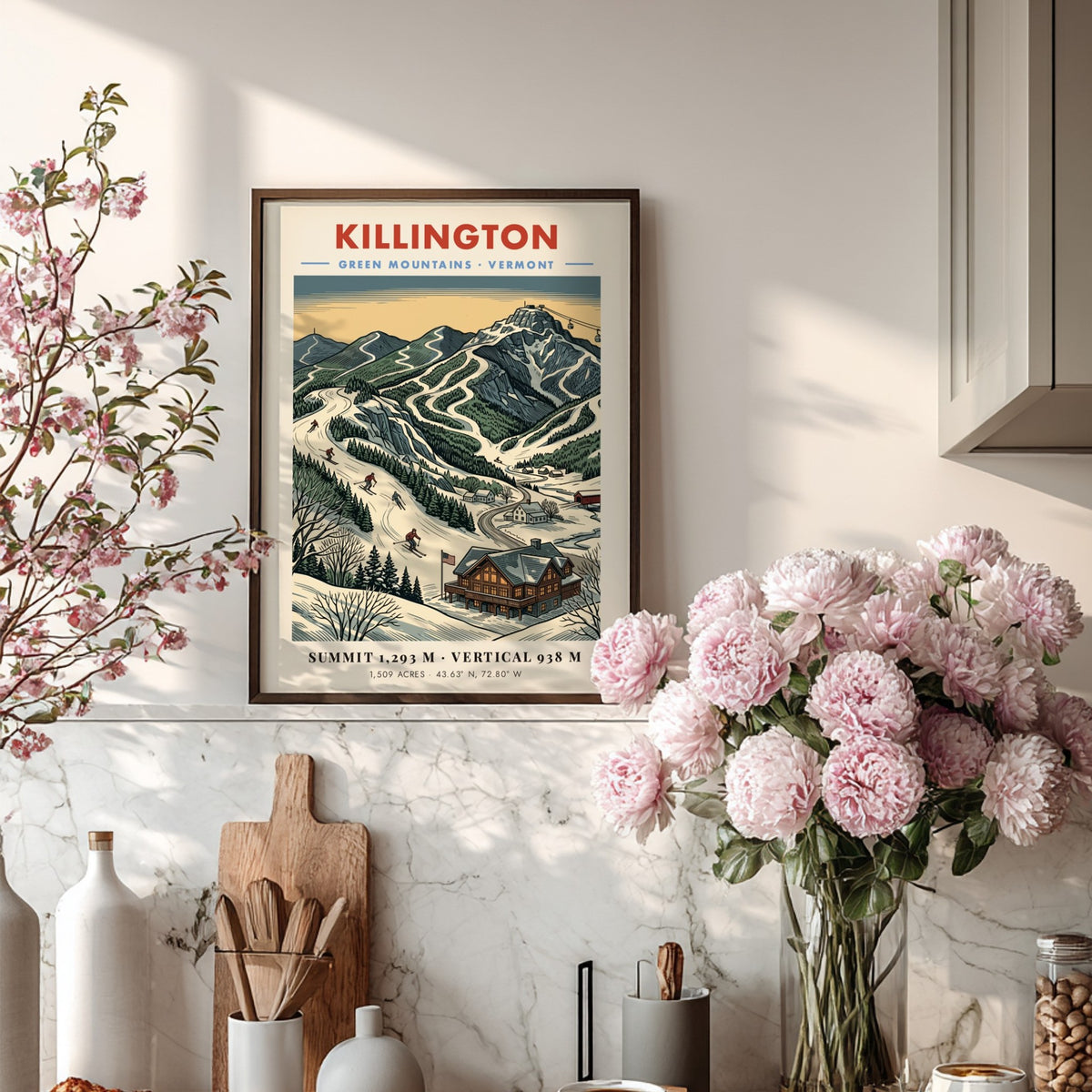 Poster of Killington Vermont featuring snow-covered ski slopes and a rustic mountain lodge.