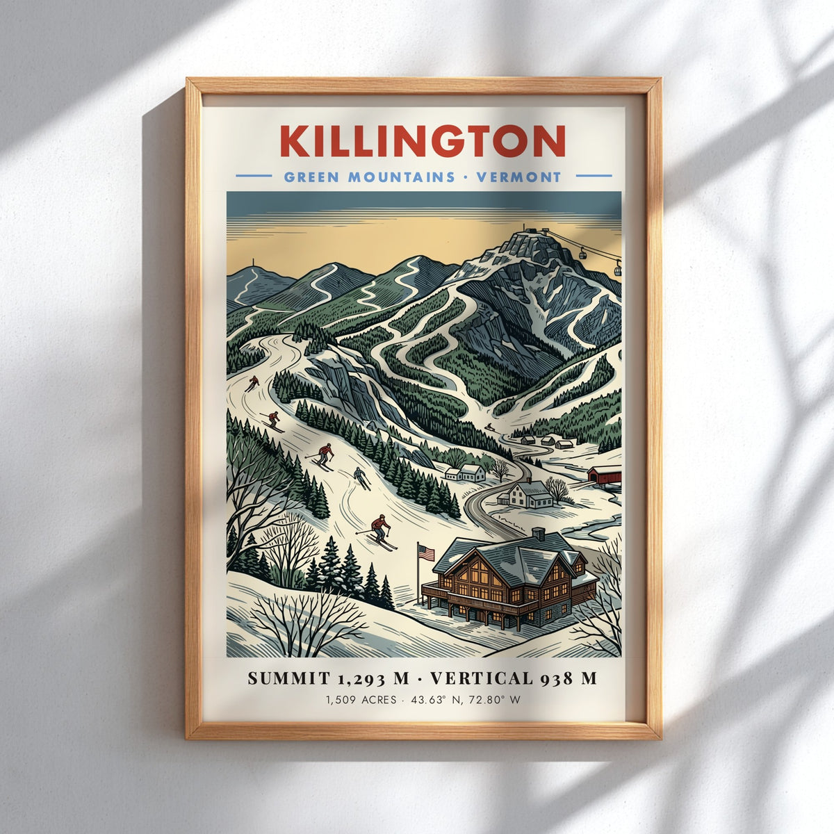 Poster of Killington Vermont featuring snow-covered ski slopes and a rustic mountain lodge.