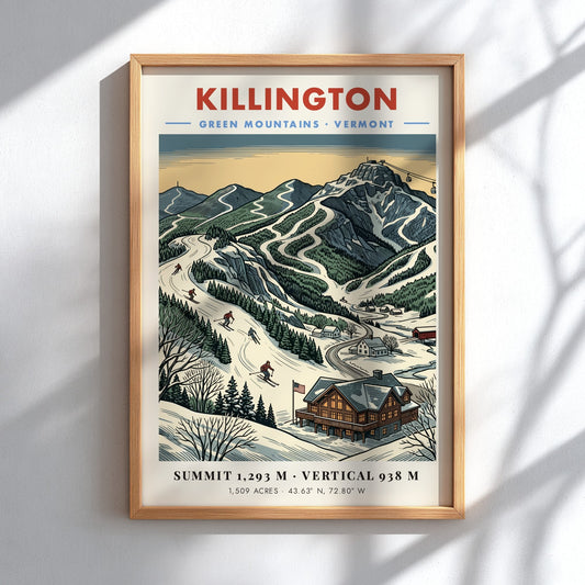 Poster of Killington Vermont featuring snow-covered ski slopes and a rustic mountain lodge.