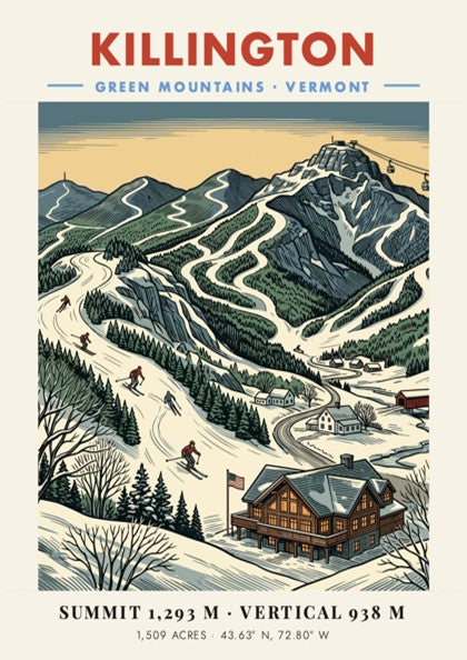 Poster of Killington Vermont featuring snow-covered ski slopes and a rustic mountain lodge.