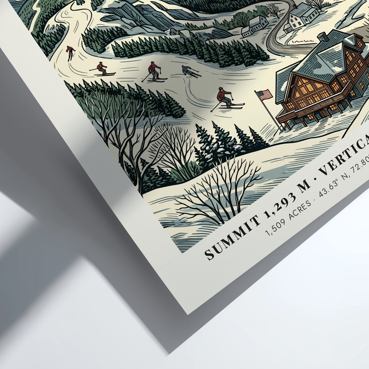 Poster of Killington Vermont featuring snow-covered ski slopes and a rustic mountain lodge.