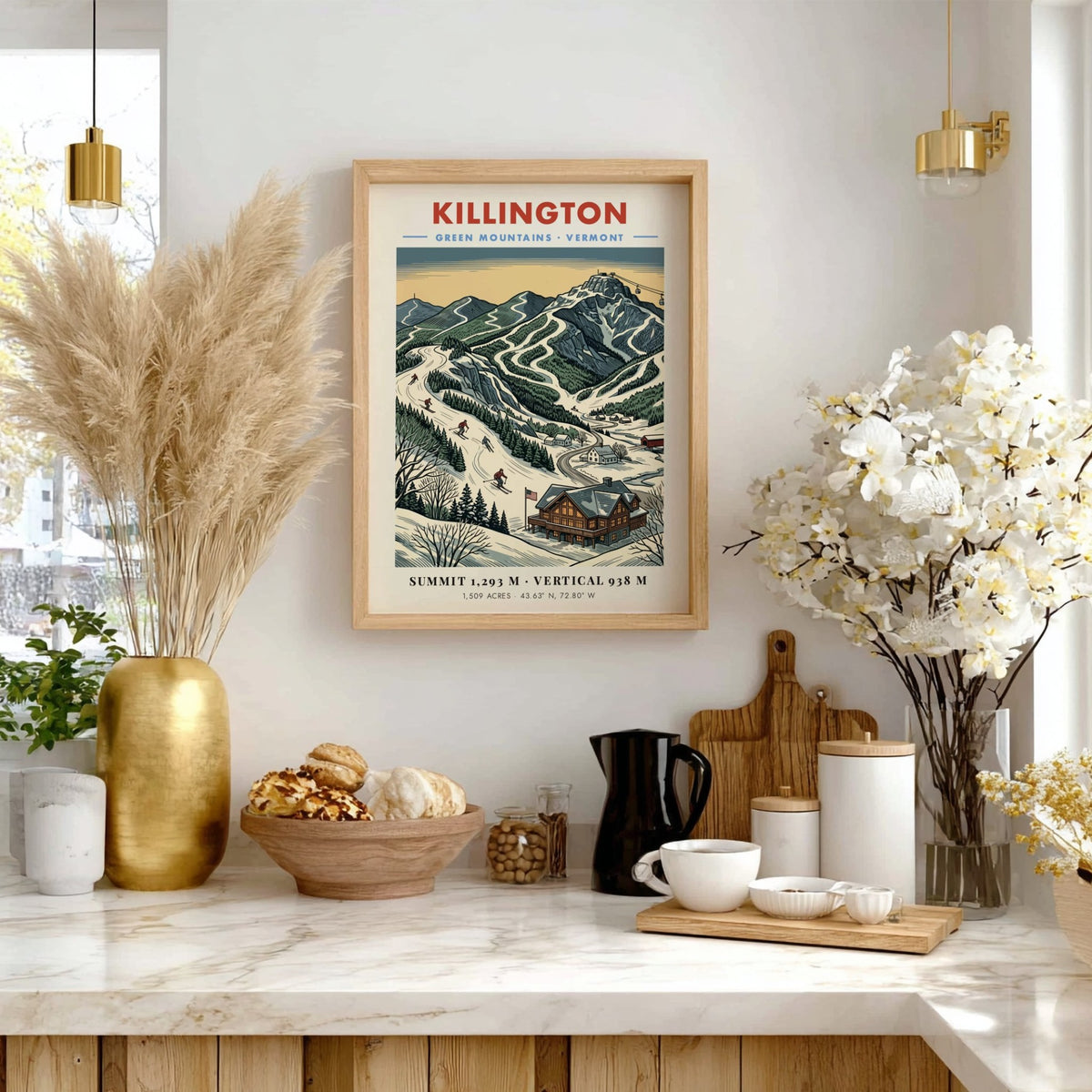 Poster of Killington Vermont featuring snow-covered ski slopes and a rustic mountain lodge.