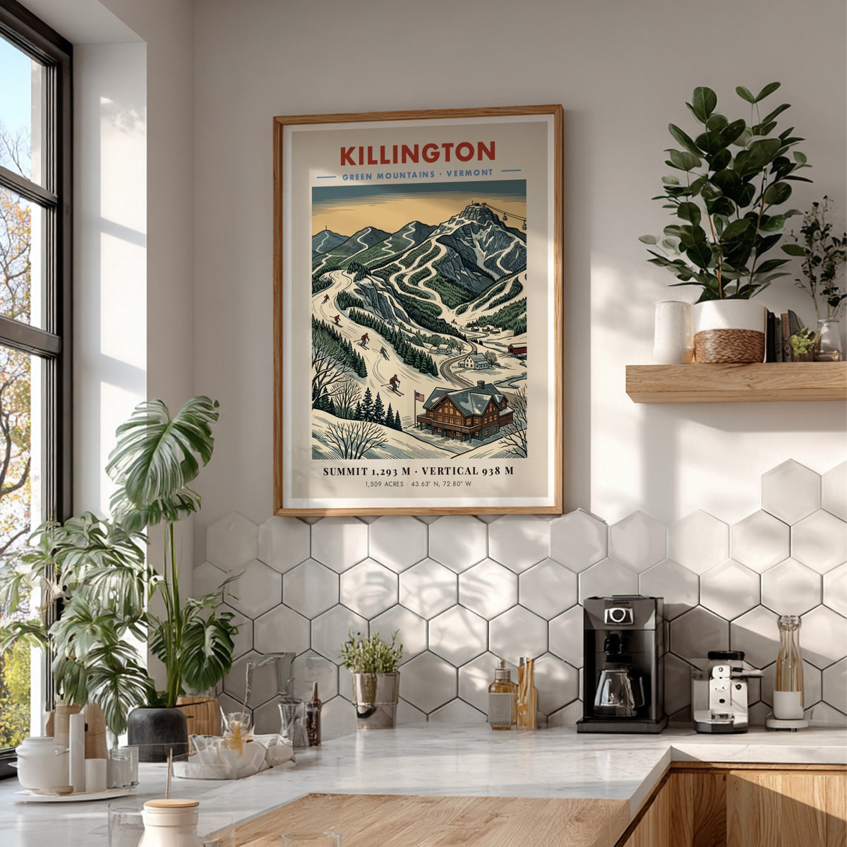 Poster of Killington Vermont featuring snow-covered ski slopes and a rustic mountain lodge.