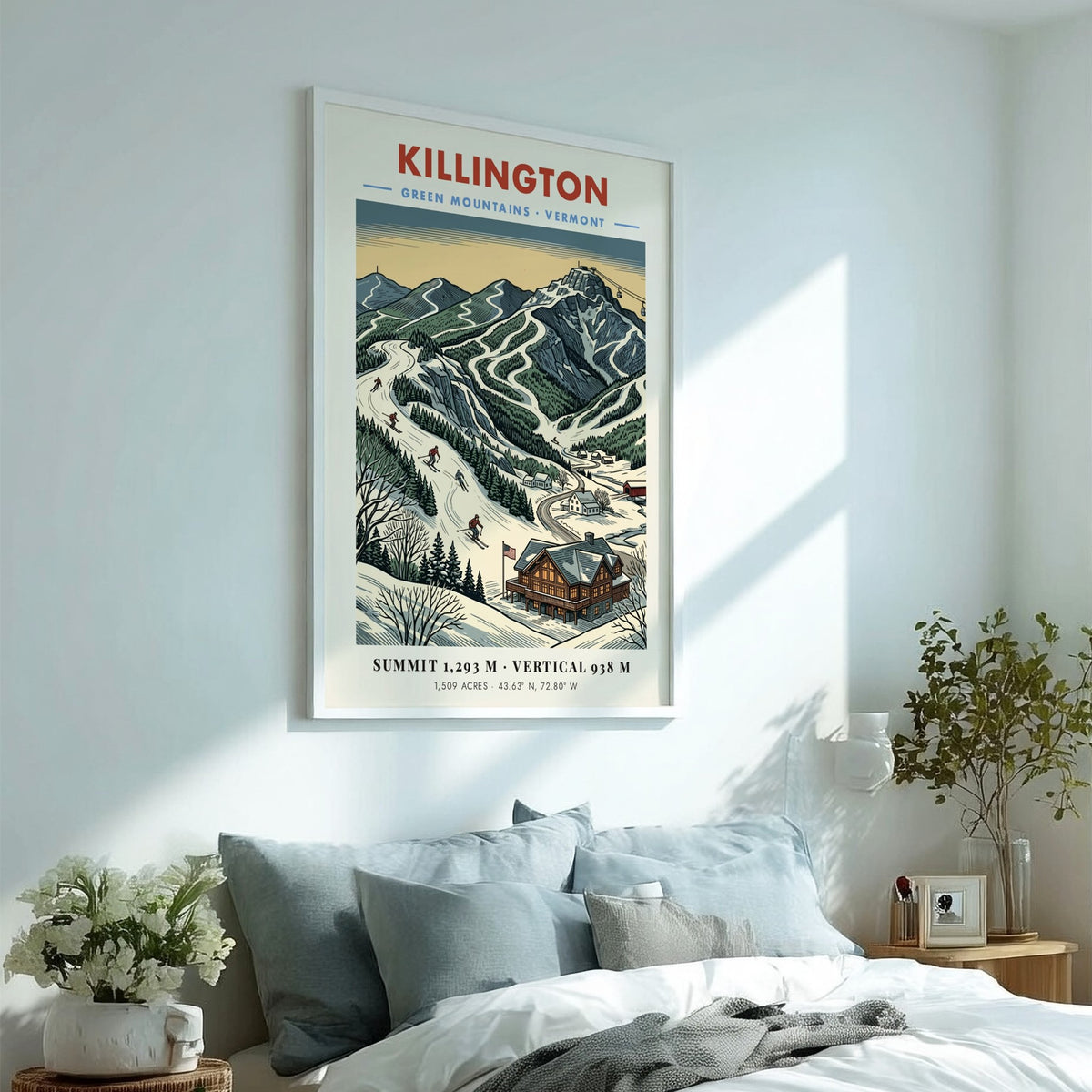 Poster of Killington Vermont featuring snow-covered ski slopes and a rustic mountain lodge.