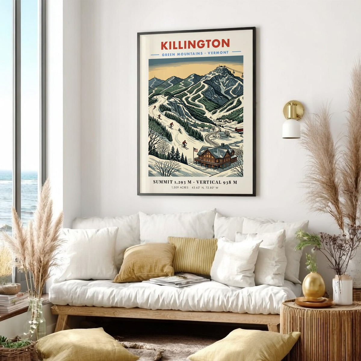 Poster of Killington Vermont featuring snow-covered ski slopes and a rustic mountain lodge.