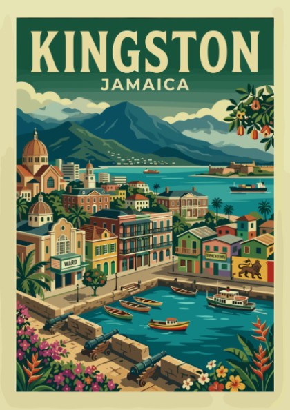 Vintage travel poster of Kingston, Jamaica, featuring colorful buildings and a harbor scene.