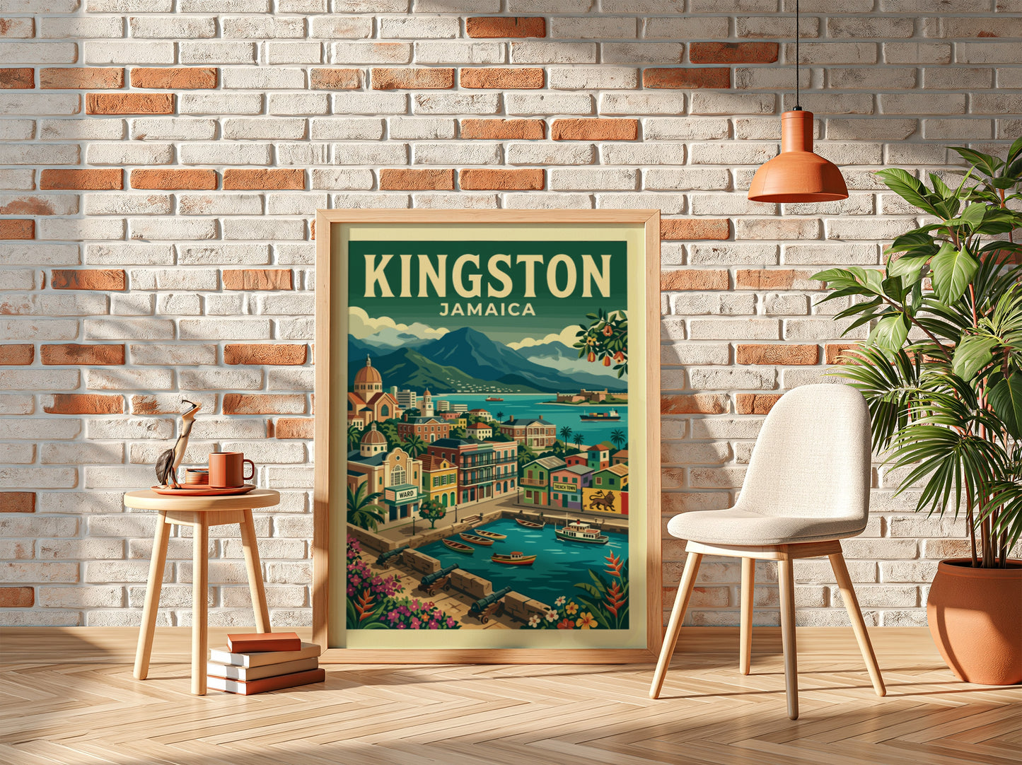 Vintage travel poster of Kingston, Jamaica, featuring colorful buildings and a harbor scene.