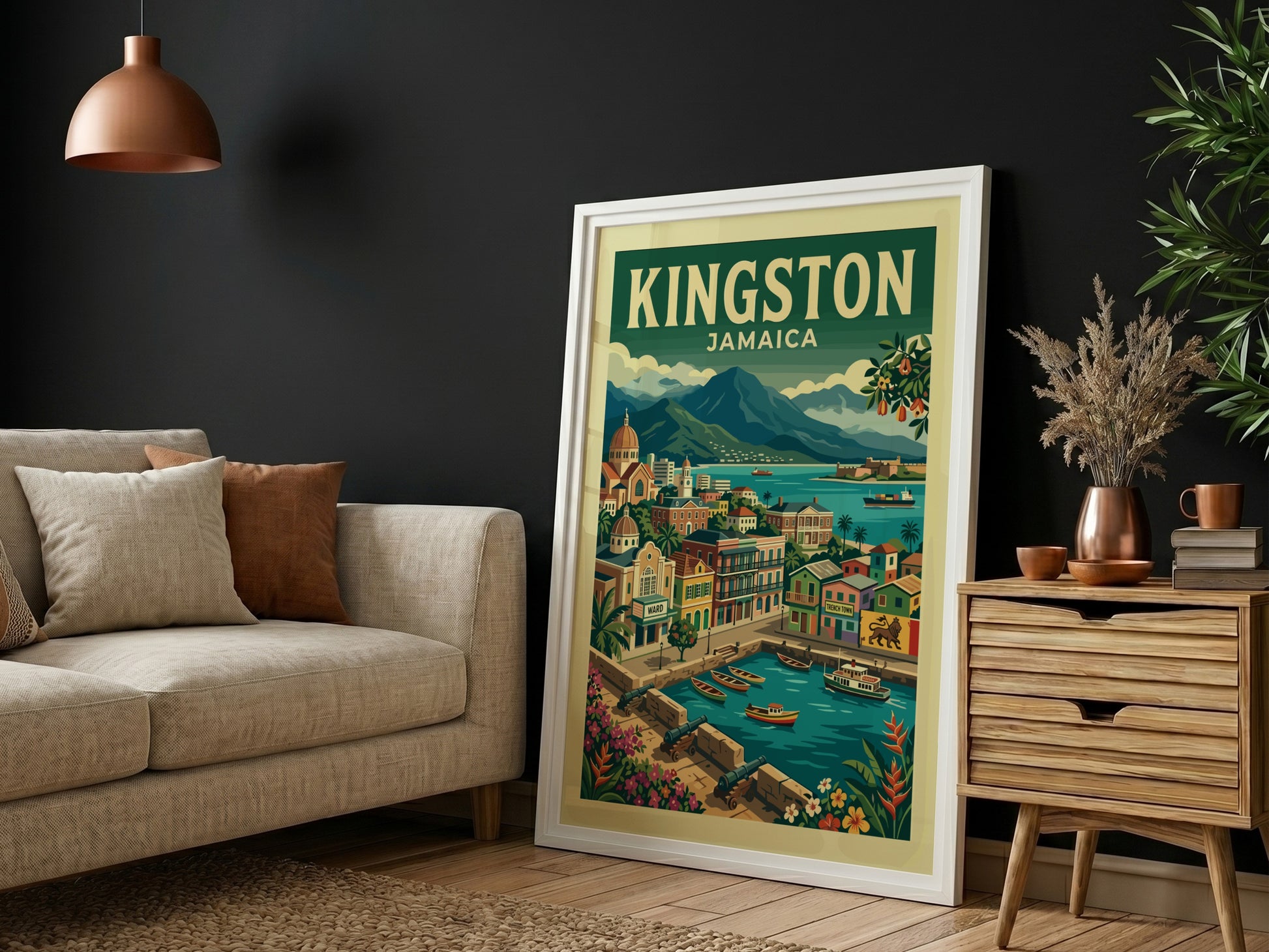 Vintage travel poster of Kingston, Jamaica, featuring colorful buildings and a harbor scene.