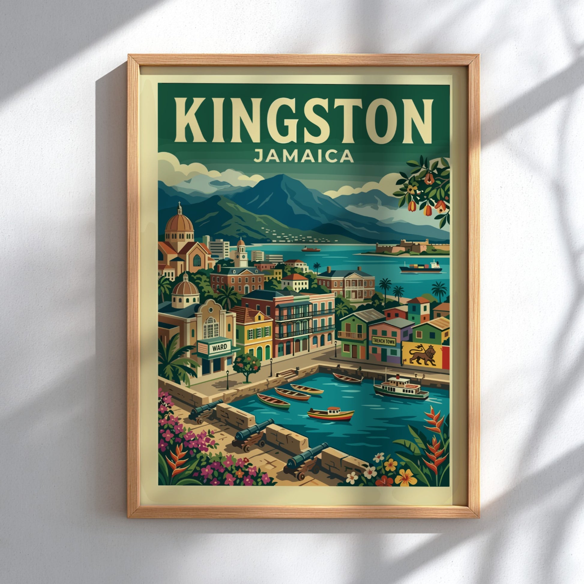Vintage travel poster of Kingston, Jamaica, featuring colorful buildings and a harbor scene.