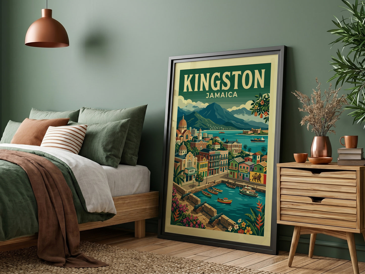 Vintage travel poster of Kingston, Jamaica, featuring colorful buildings and a harbor scene.
