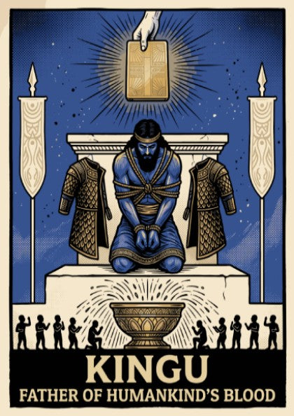 Poster of Kingu, a bound blue deity kneeling under a glowing tablet icon.