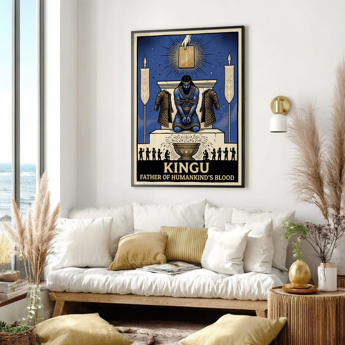 Poster of Kingu, a bound blue deity kneeling under a glowing tablet icon.