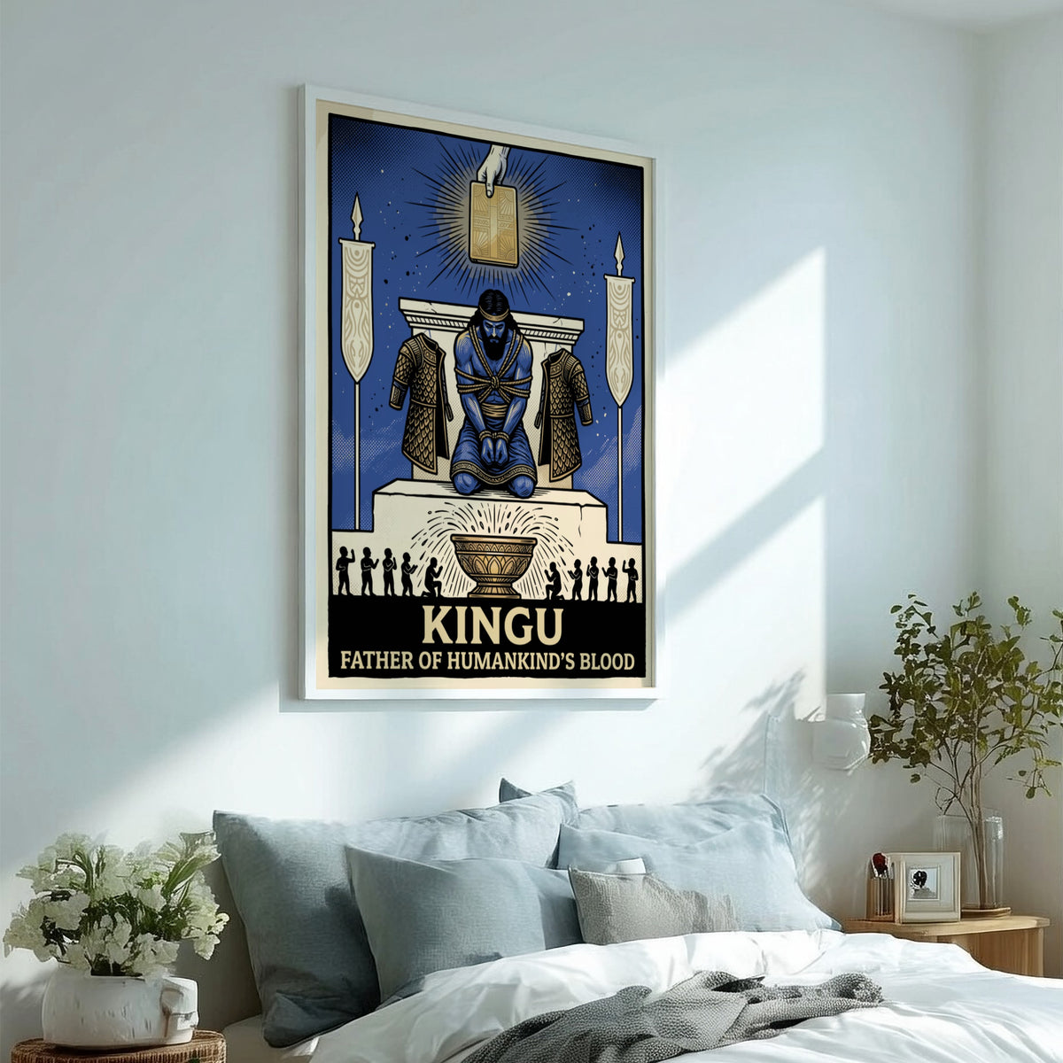 Poster of Kingu, a bound blue deity kneeling under a glowing tablet icon.