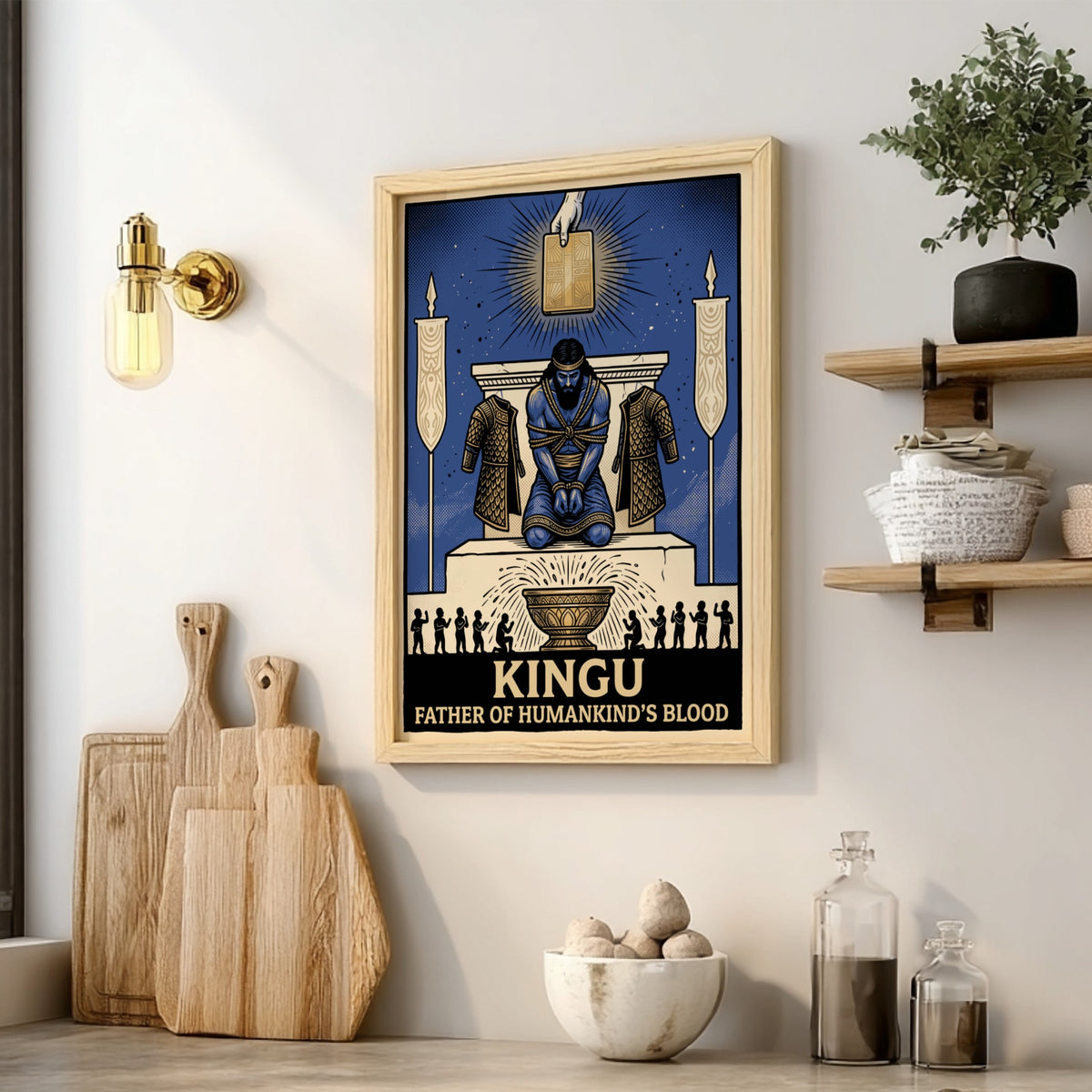 Poster of Kingu, a bound blue deity kneeling under a glowing tablet icon.