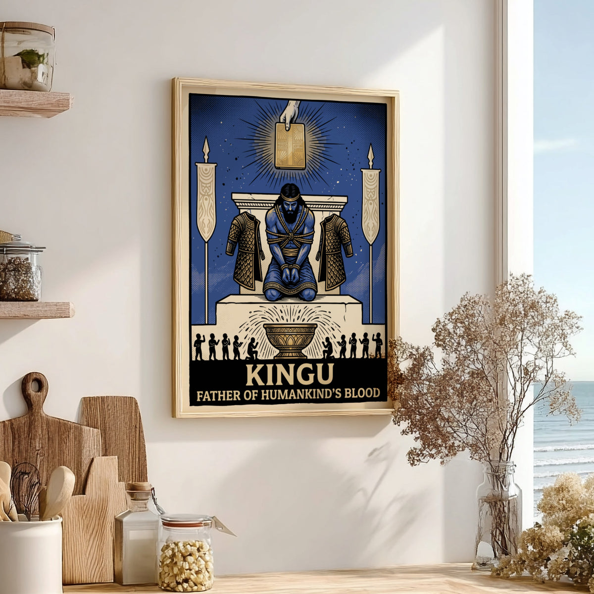 Poster of Kingu, a bound blue deity kneeling under a glowing tablet icon.