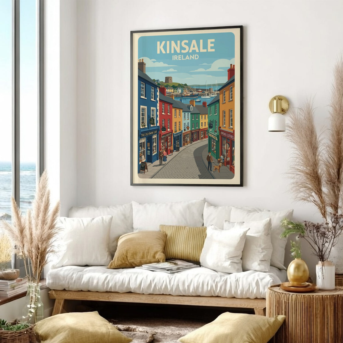 Poster of Kinsale Ireland featuring colourful storefronts and sailboats in a coastal harbour.