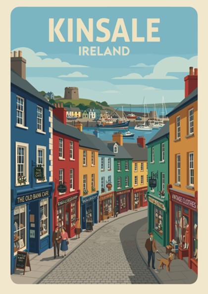 Poster of Kinsale Ireland featuring colourful storefronts and sailboats in a coastal harbour.