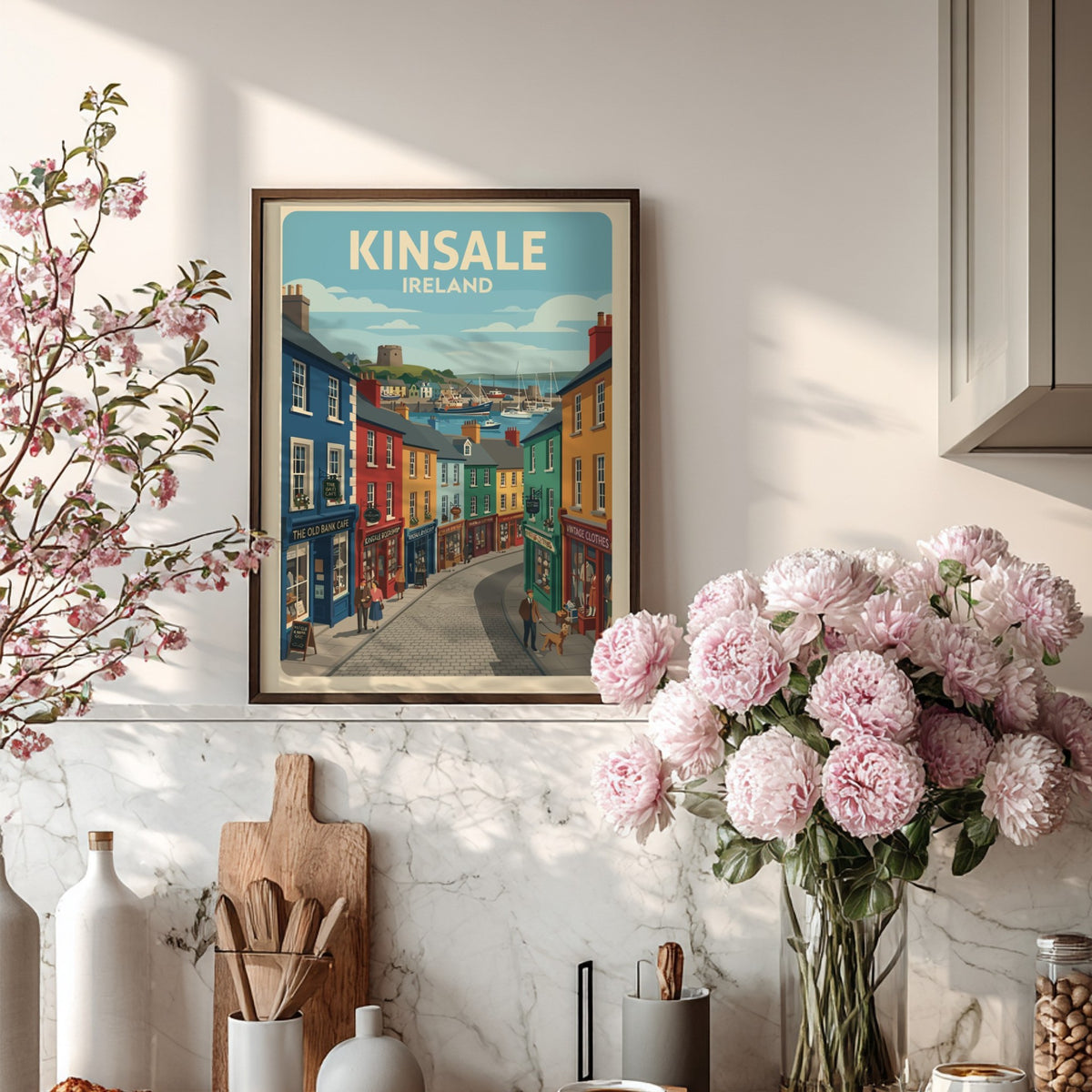 Poster of Kinsale Ireland featuring colourful storefronts and sailboats in a coastal harbour.