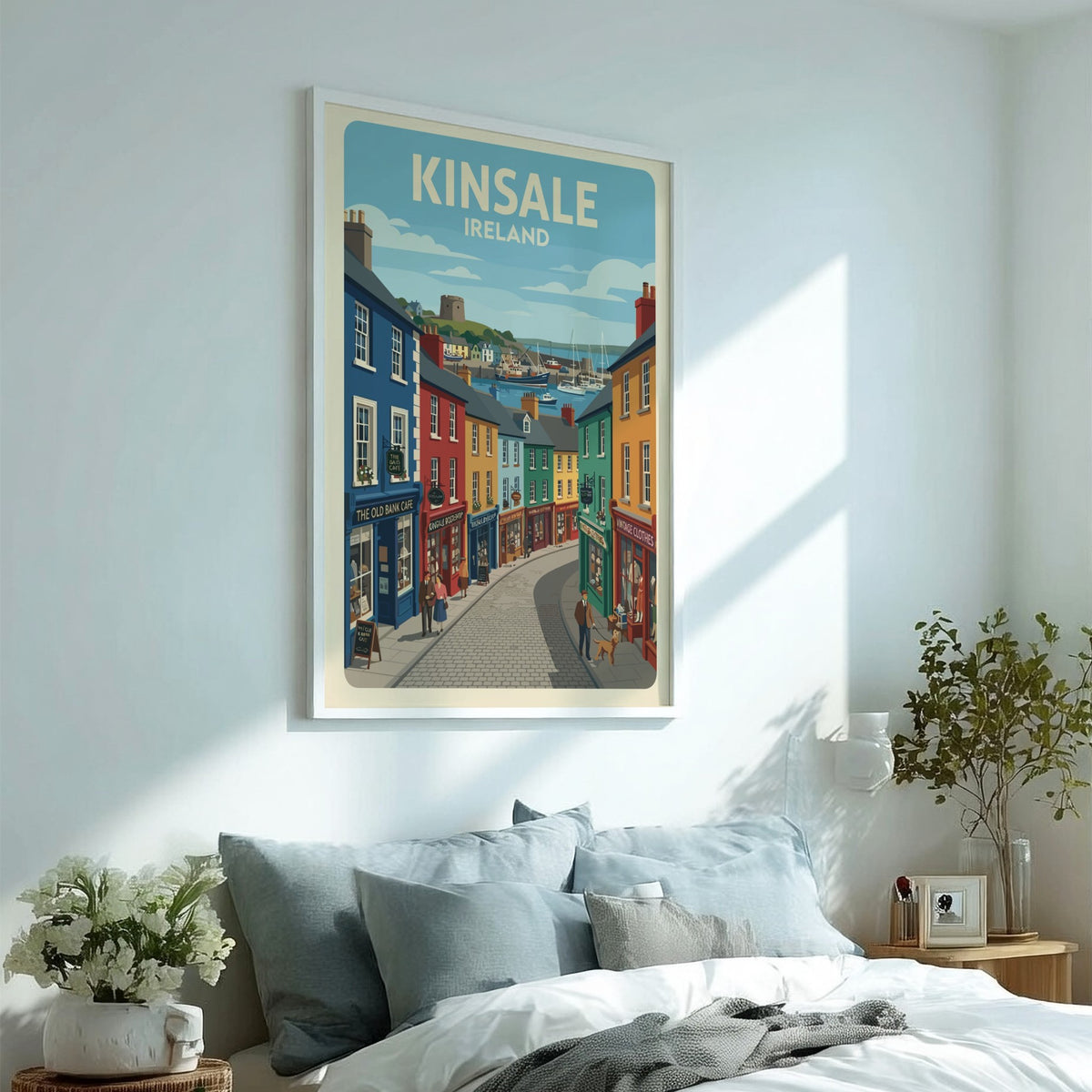 Poster of Kinsale Ireland featuring colourful storefronts and sailboats in a coastal harbour.
