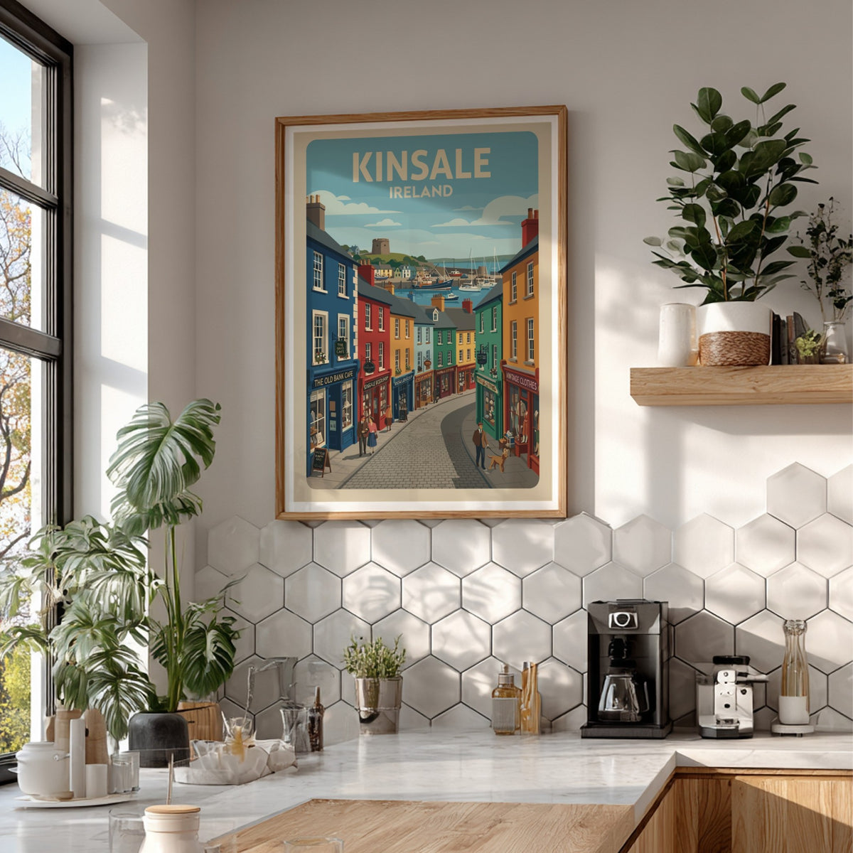 Poster of Kinsale Ireland featuring colourful storefronts and sailboats in a coastal harbour.