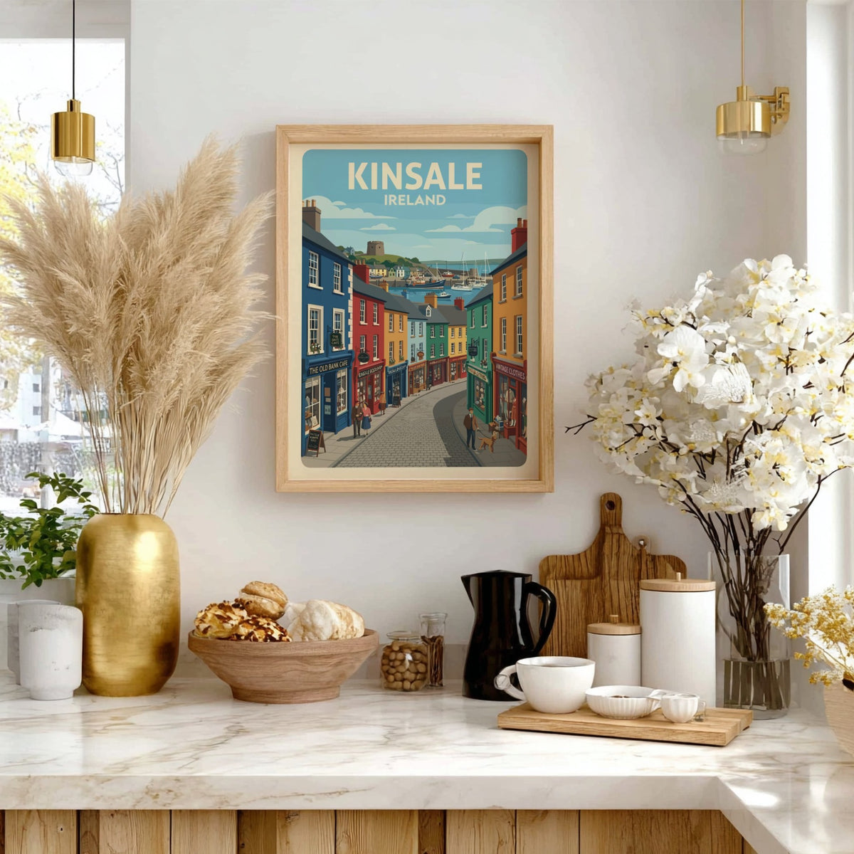 Poster of Kinsale Ireland featuring colourful storefronts and sailboats in a coastal harbour.