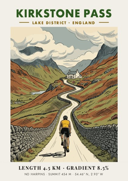 Cycling poster showing a rider on the Kirkstone Pass road in the Lake District.
