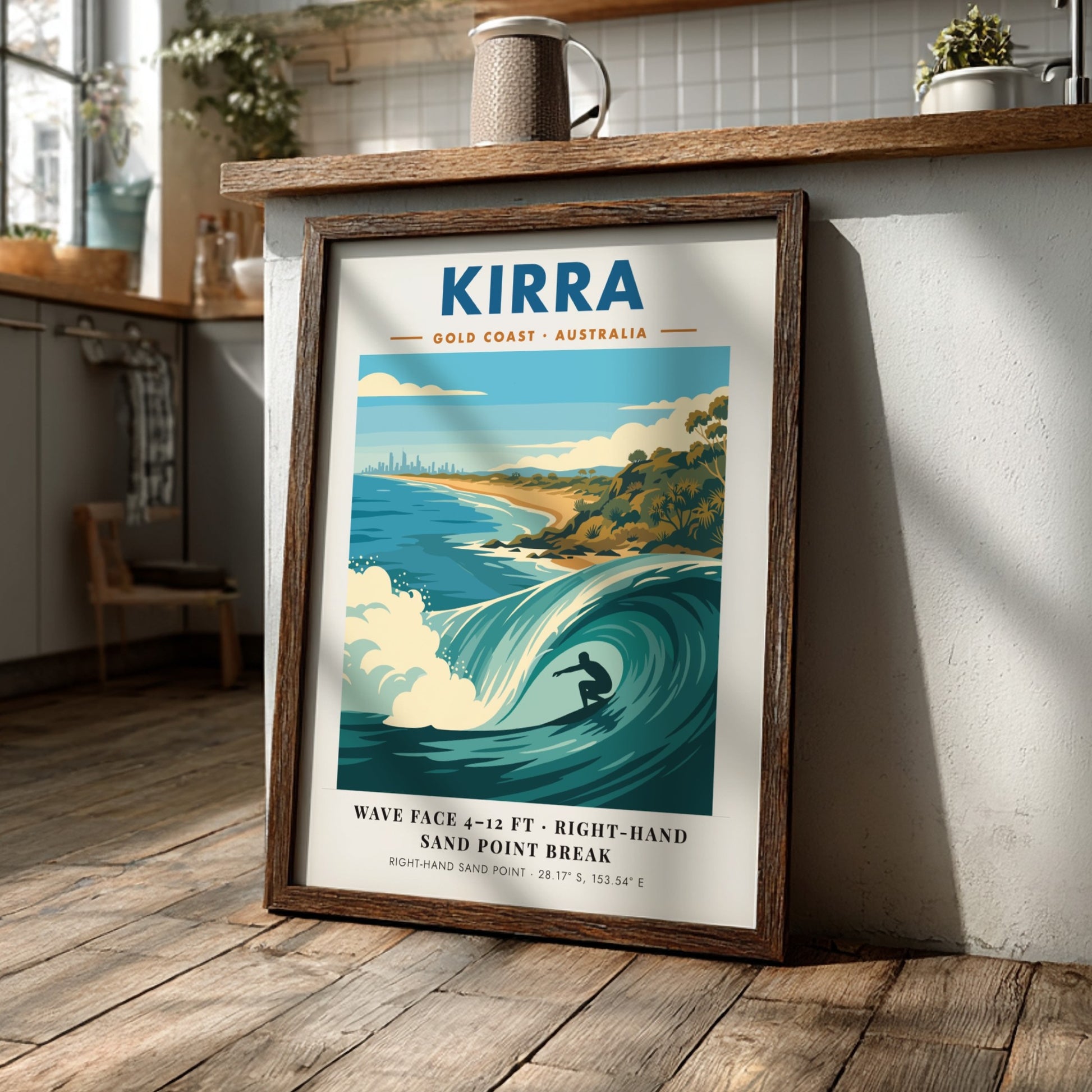 Kirra Gold Coast surf poster featuring a barrel wave and coastal skyline illustration