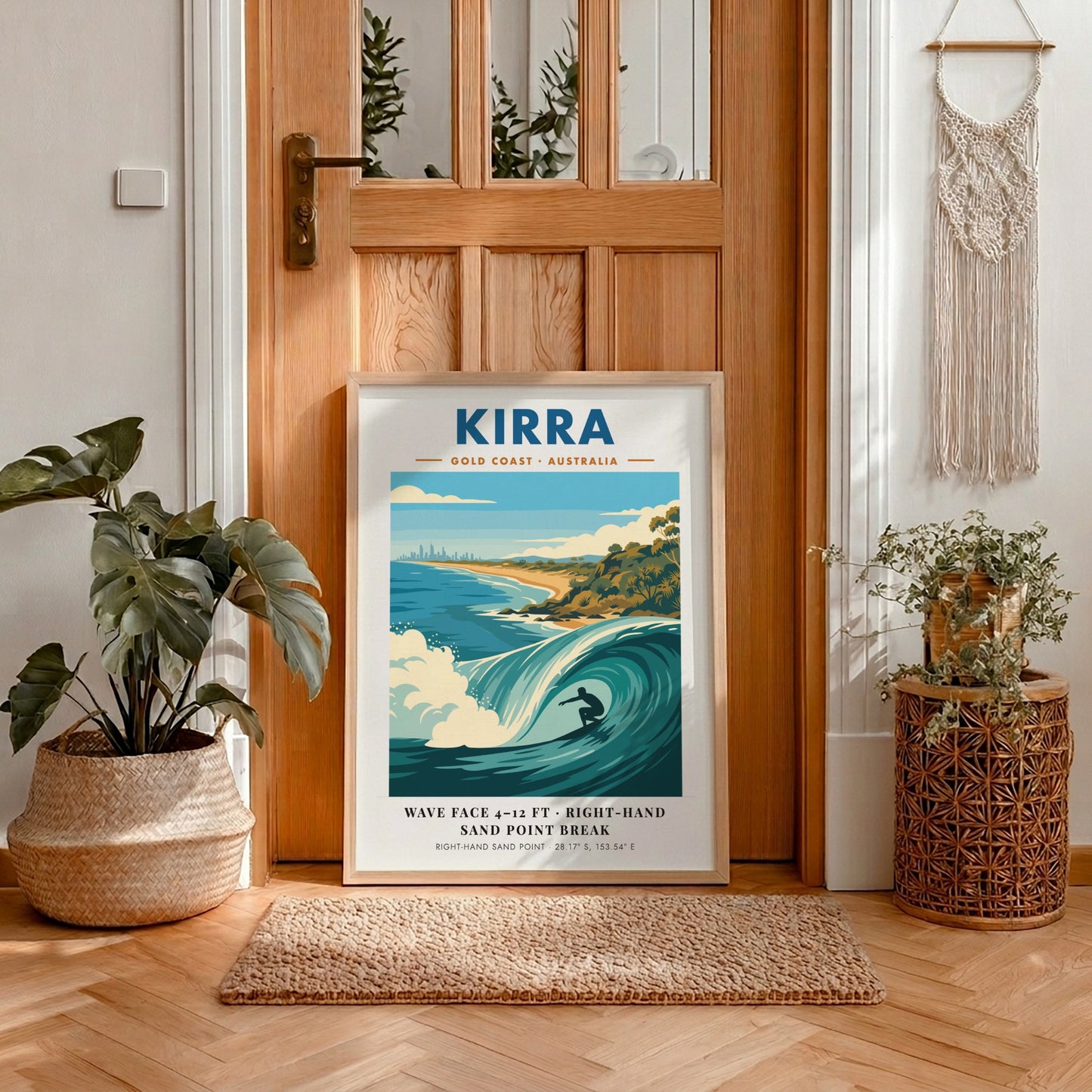 Kirra Gold Coast surf poster featuring a barrel wave and coastal skyline illustration
