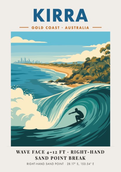 Kirra Gold Coast surf poster featuring a barrel wave and coastal skyline illustration