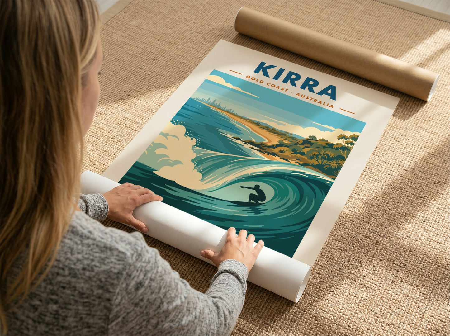Kirra Gold Coast surf poster featuring a barrel wave and coastal skyline illustration
