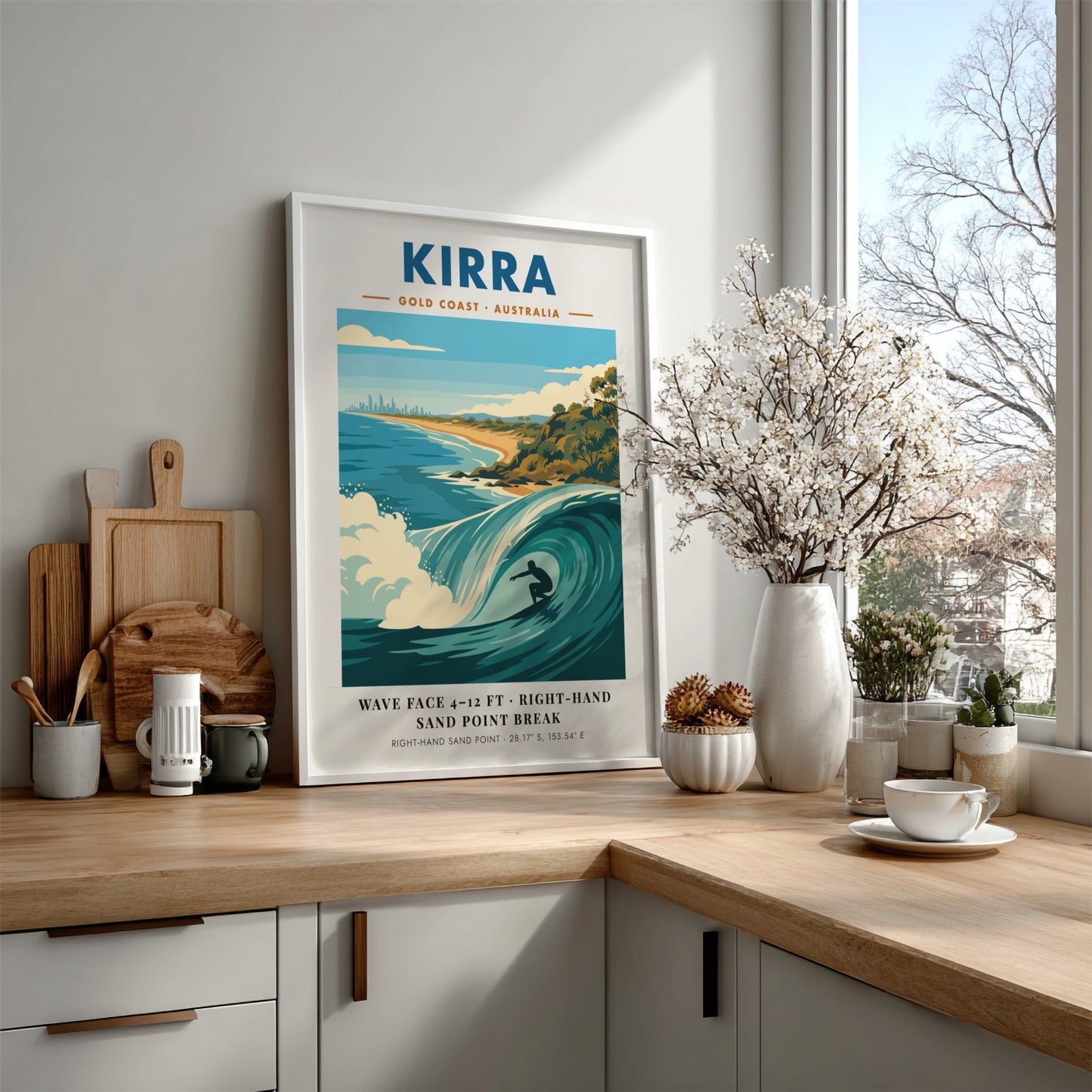 Kirra Gold Coast surf poster featuring a barrel wave and coastal skyline illustration