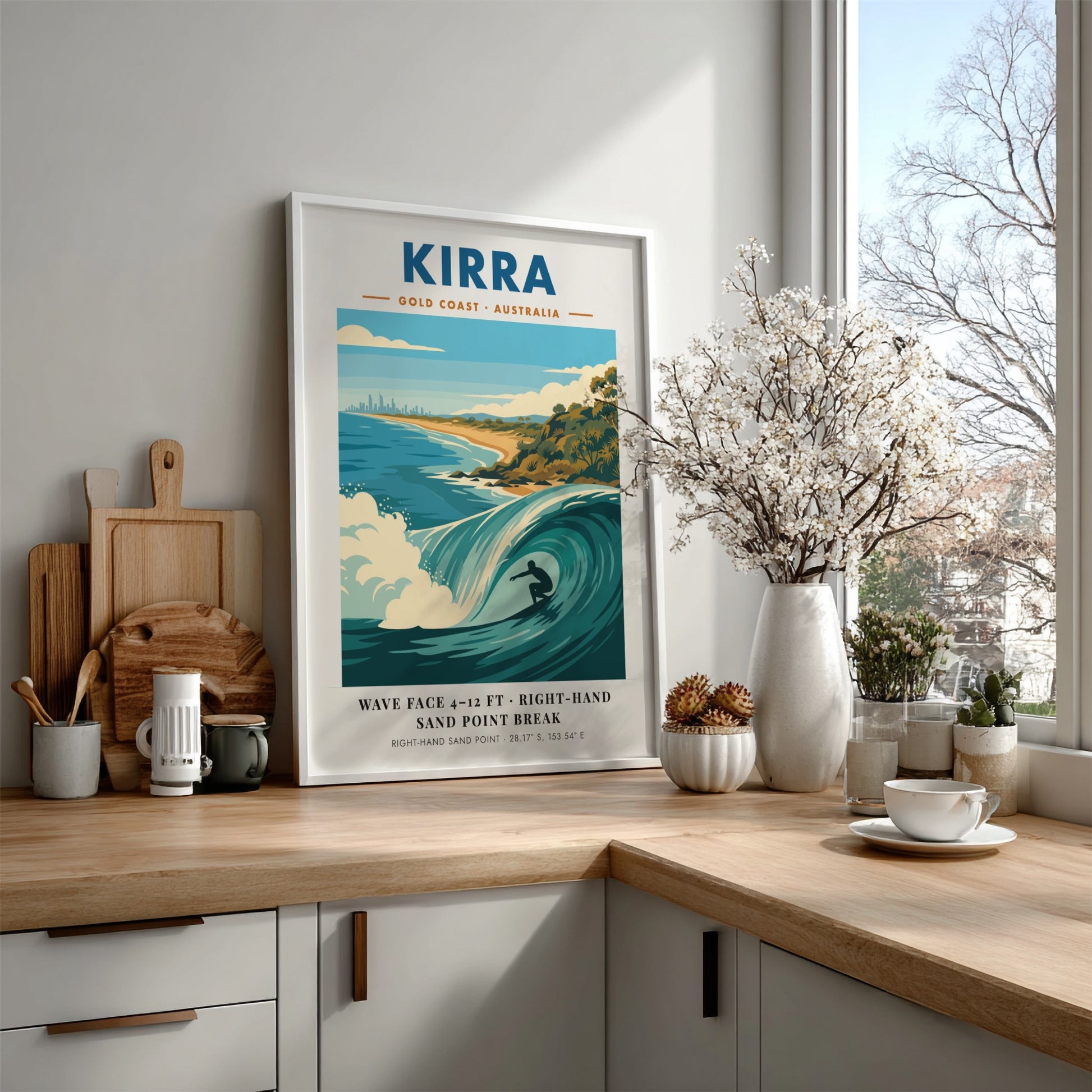 Kirra Gold Coast surf poster featuring a barrel wave and coastal skyline illustration